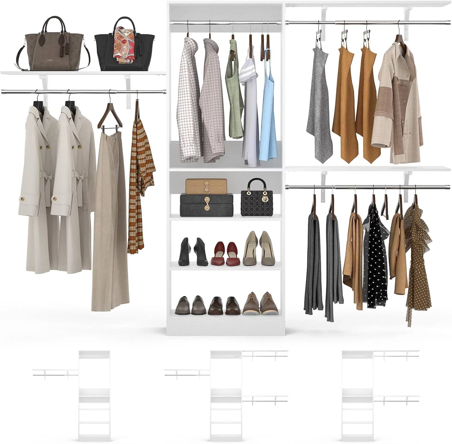 Homieasy 96'' Closet System, 8FT Walk In Closet Organizer with 3 Shelving Towers, Heavy Duty Bedroom Wardrobe with 5 Shelves, Wall Mounted Clothes Rack (Can Be Cut To Fit), 96