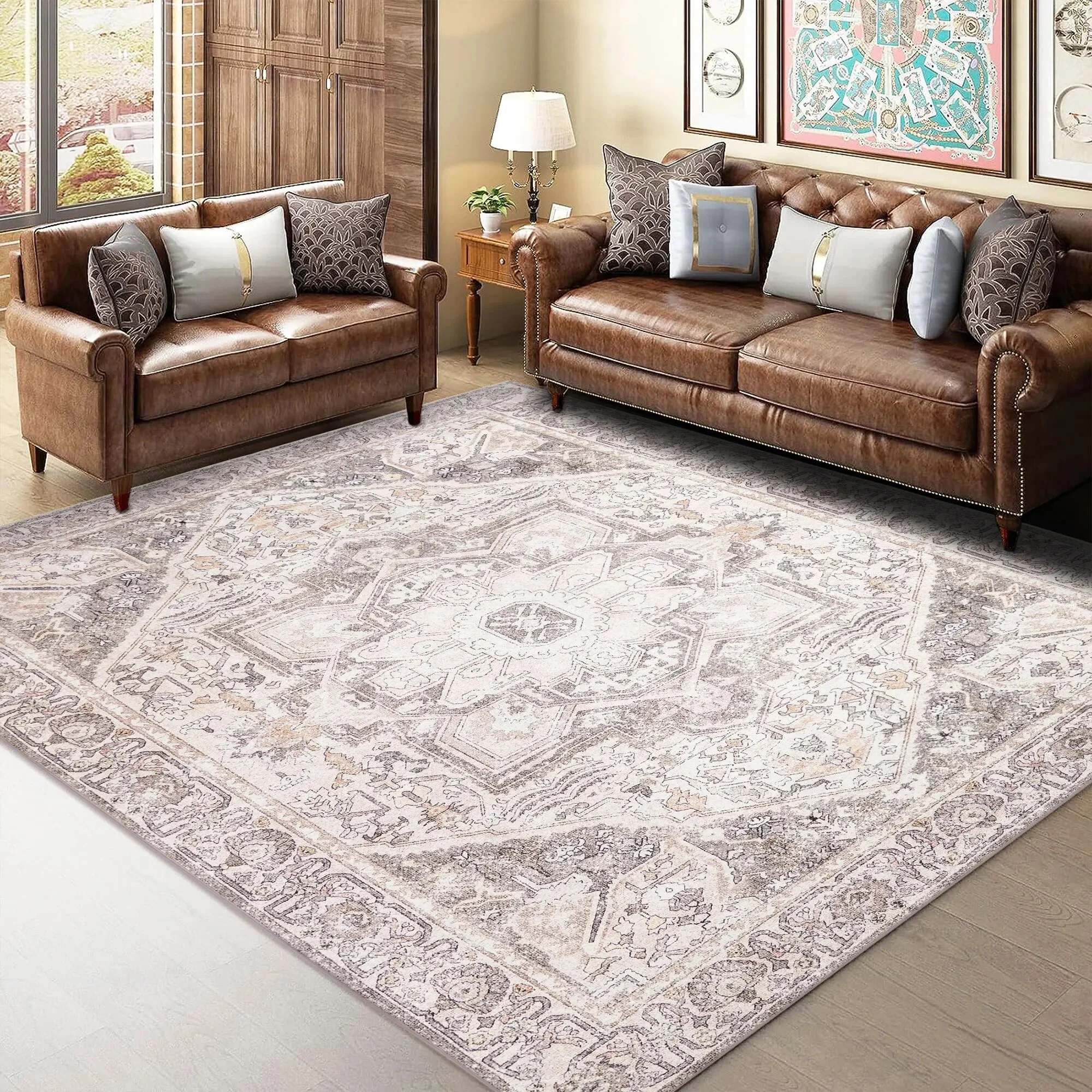 PureCozy 5' x 7' Washable Brown Area Rugs for Living Room Bedroom Dining Room Office Farmhouse Retro Traditional Vintage Rugs Non-slip