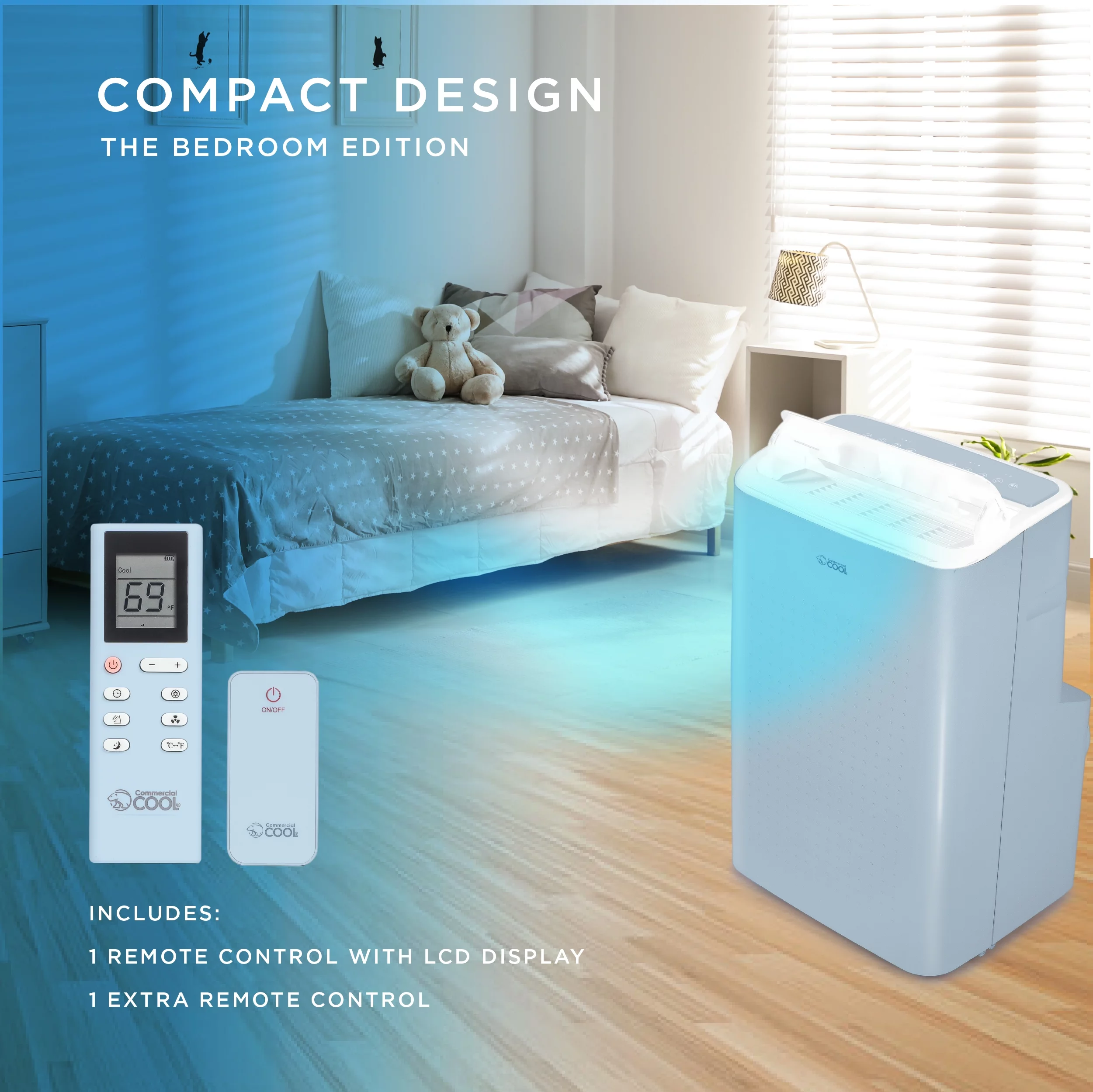 COMMERCIAL COOL Portable Air Conditioner, Dehumidifier & Fan, Portable AC 6,350 BTU Bedroom AC Unit with 2 Remote Controls & Covers up to 400 Sq. ft., Alexa & Wifi Enabled, Air Conditioner, Light Blue