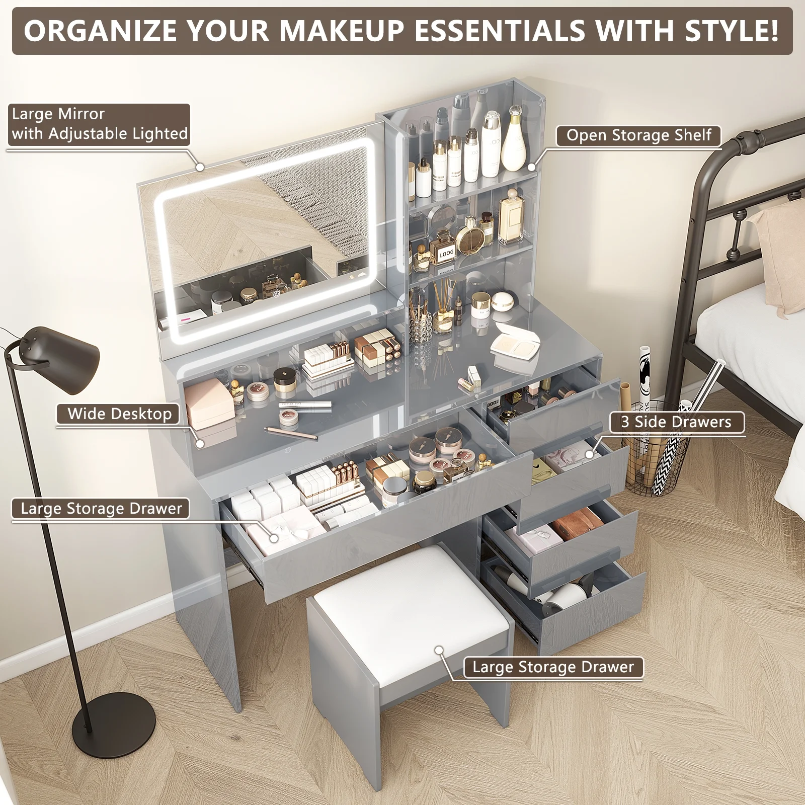 LUXOAK Vanity Desk with Mirror, Highgloss Large Makeup Vanity Desk with 3 Level Storage Shelves & 4 Drawers, 3 Lighting Modes Adjustable Brightness, Gray