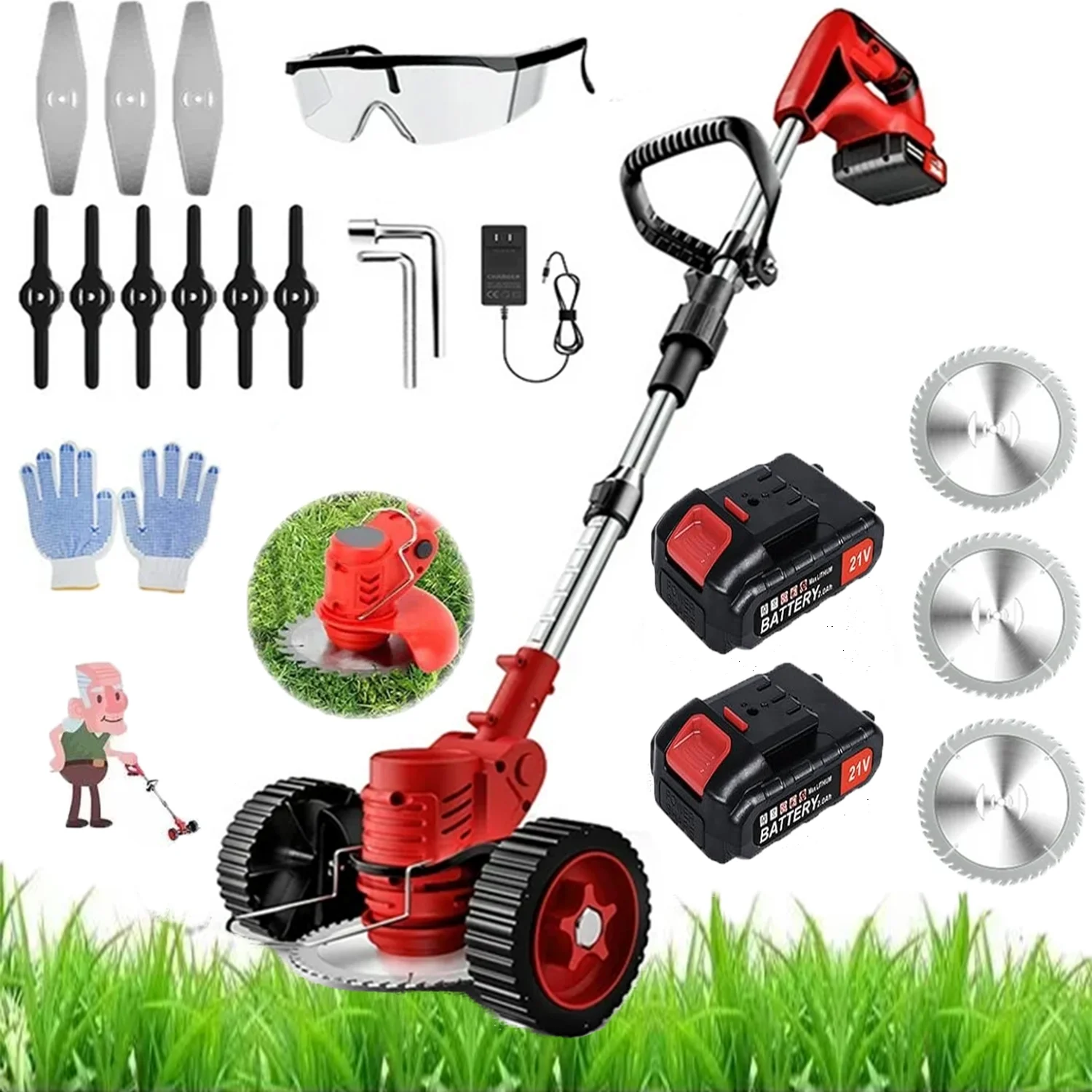 Wheeled model Cordless Electric Weed Lawn Eater Edger Yard Grass String Trimmer Cutter Mower Height Adjustable Edge Trimmer Mini Mower 3-in-1 Cutting Tool