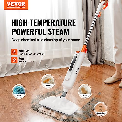 VEVOR Steam Mop, 2-in-1 Hard Wood Floor Cleaner for Various Hard Floors, Like Ceramic, Granite, Marble, Linoleum, Natural Floor Mop with 2 pcs Machine Washable Pads and A Water Tank, White