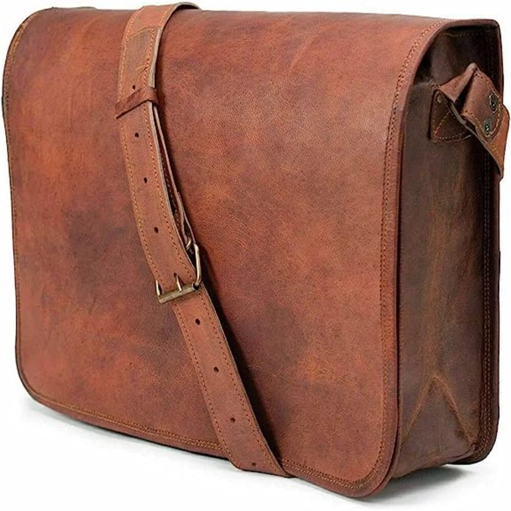 Vintage crafts goat leather full flap messenger laptop canvas satchel padded shoulder computer bag