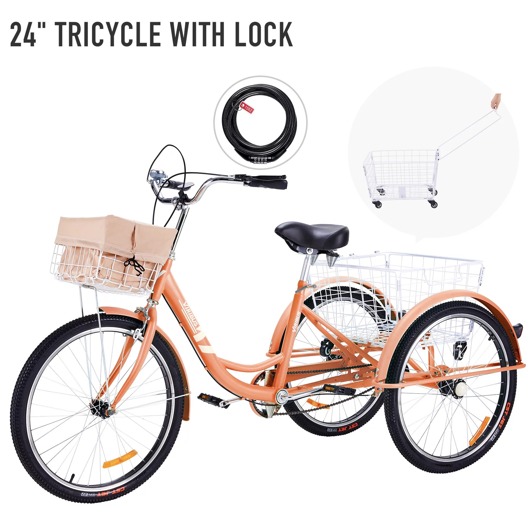 Viribus 24 Inch Single Speed Adult Tricycle ,3 Wheels Cruiser Bike w Removable Wheeled Basket, Lights & Bell for Cycling Shopping Picnic for Men & Women, Pink