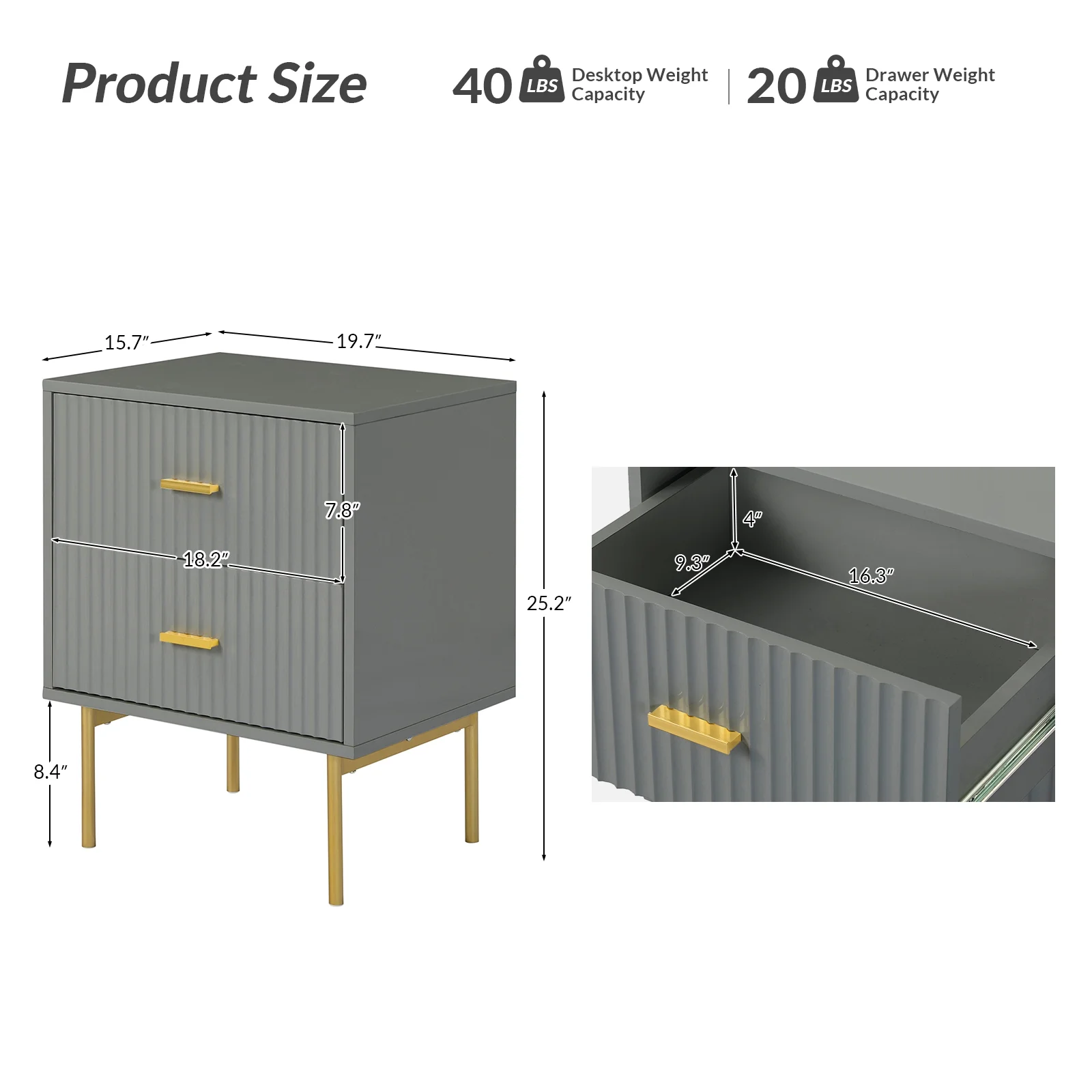 Heavy-duty Wood 2 Drawer Storage Nightstand Chest Cabinet Metal Legs Assembly Home Bedroom Grey