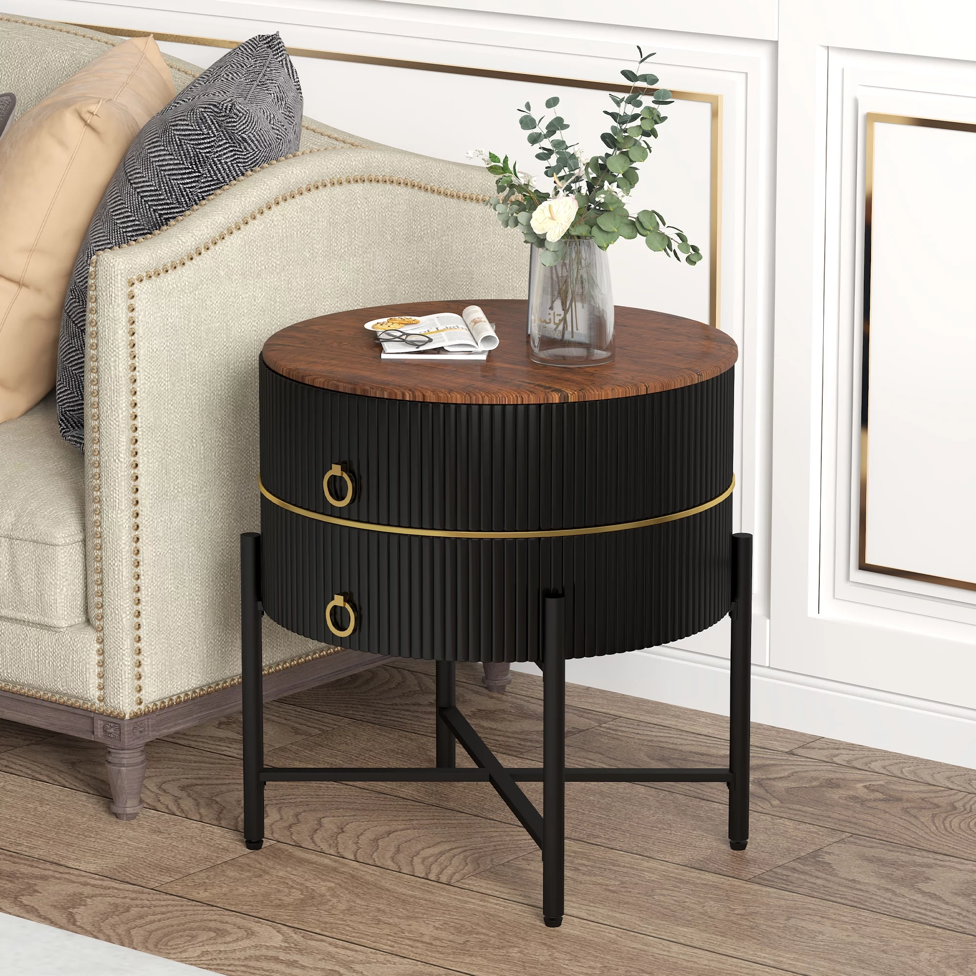 O&K FURNITURE Black End Table with 2-Drawer, Sofa Side Table with X-Metal Base, Round Nightstand for Living Room Bedroom