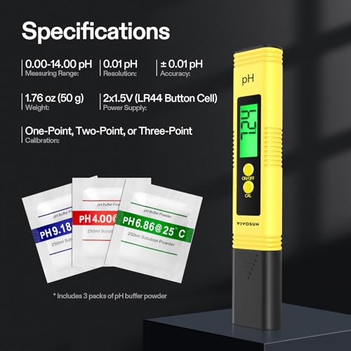 VIVOSUN Digital pH Meter, 0.01pH High Accuracy Pen Type pH Tester for Hydroponics, Household Drinking, Pool and Aquarium, UL Certified