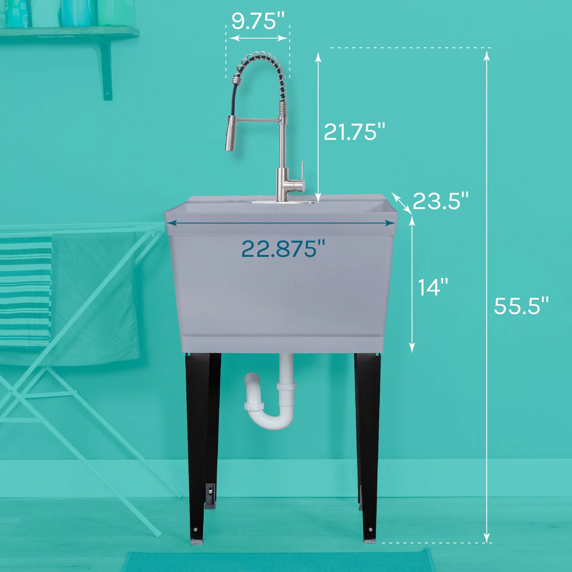 TEHILA Grey Freestanding Floor Mount Utility Sink with Stainless Pull-Down Faucet for Laundry Room