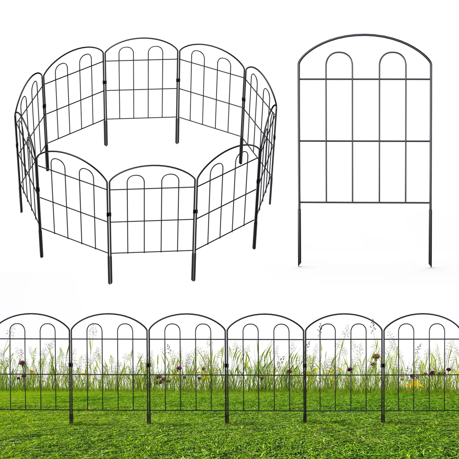 Decorative Garden Fence Outdoor 24in x 10ft Coated Metal RustProof Landscape Wrought Iron Wire Border Folding Patio Fences Flower Bed Fencing Animal Barrier Section Panels Decor Picket Edging