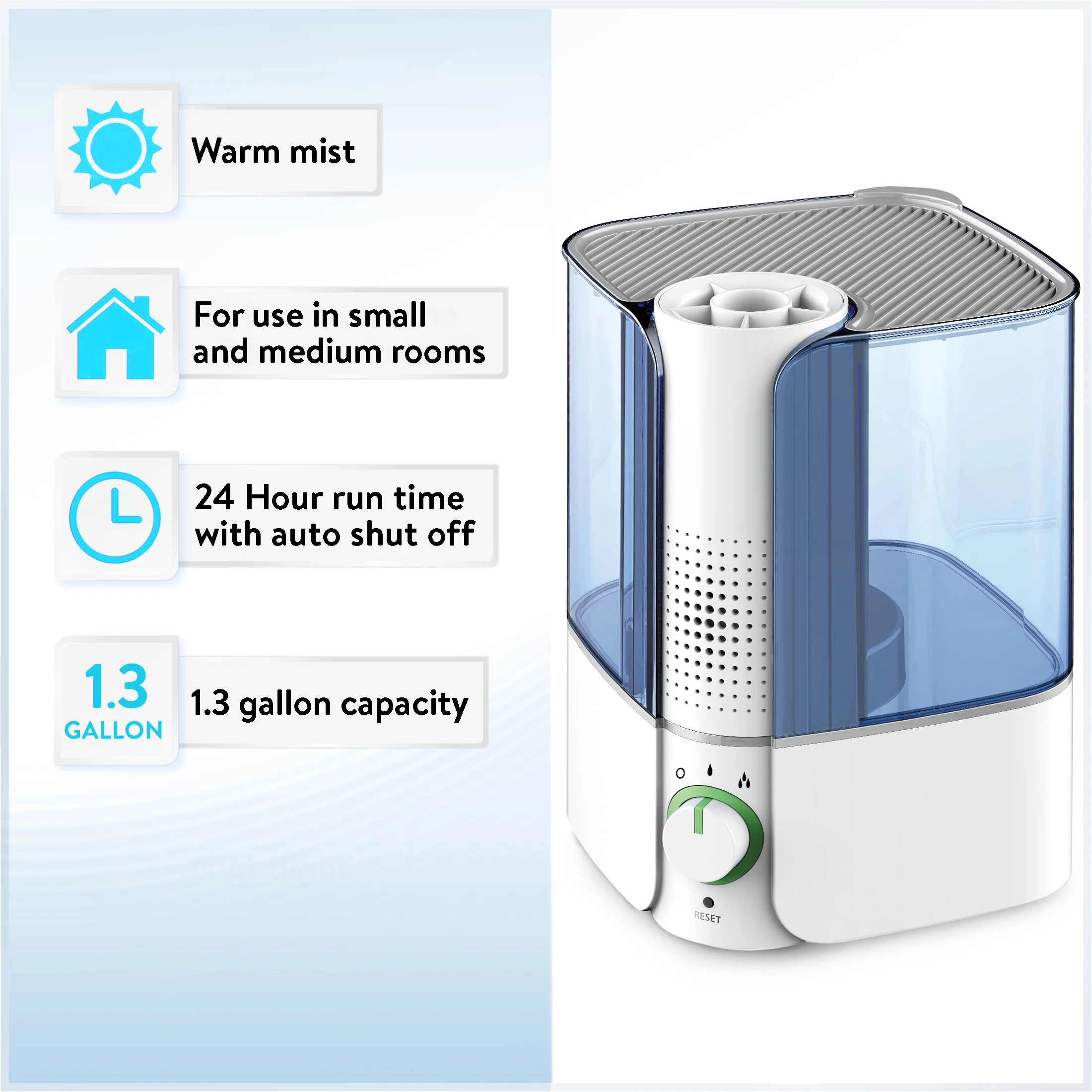 Equate Warm Mist Humidifier, Visible, Filter Free, White & Blue, Top Fill, 1.3 Gallon, Big Water Capacity