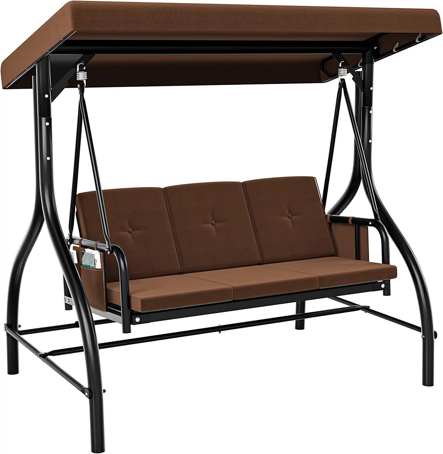 Dextrus Porch Swing Bed 3-Seats Outdoor Patio Swing Heavy Duty Swing Chair with Adjustable Canopy Removable Cushion, Suitable for Adult in Garden, Poolside, Balcony, Brown