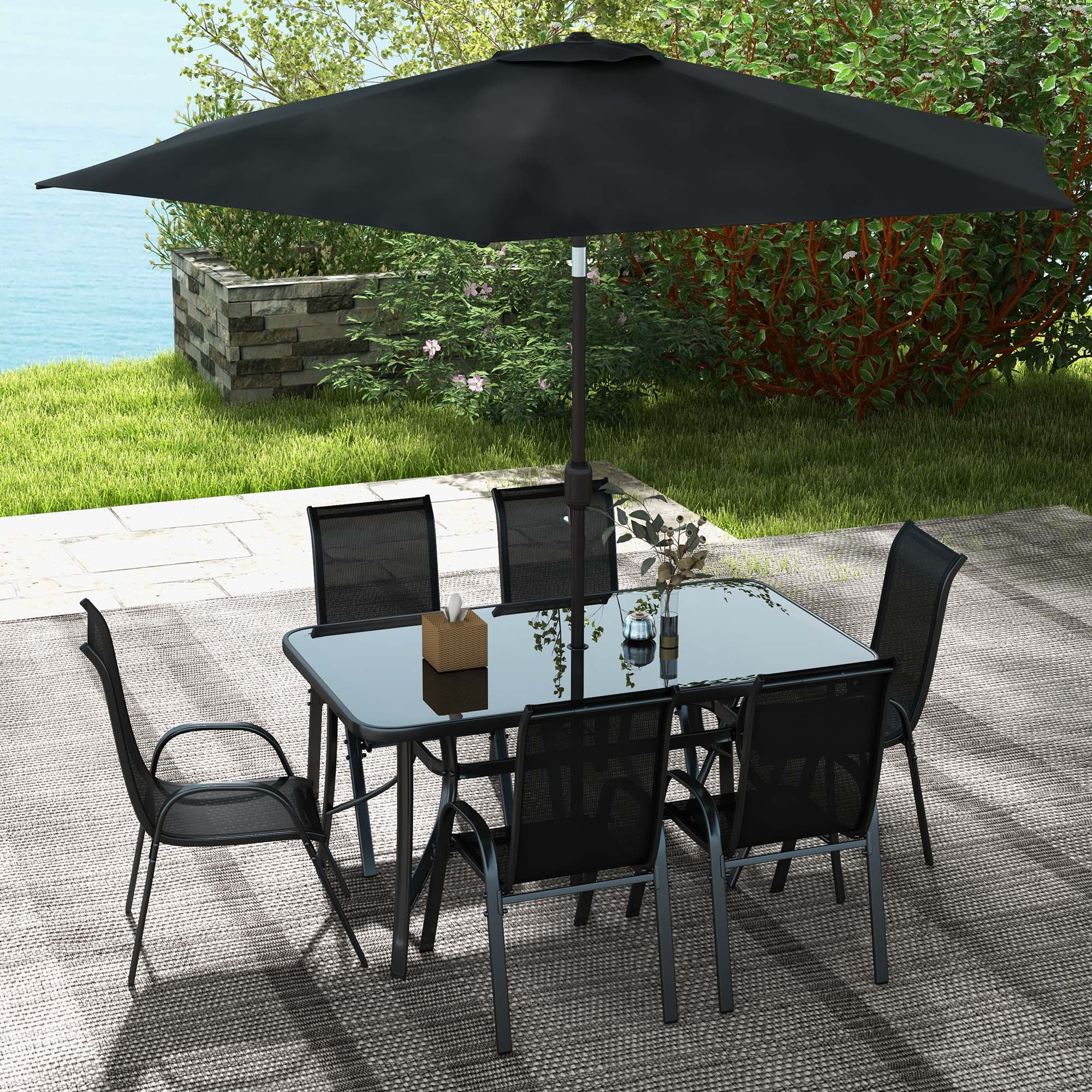 Outsunny Patio Dining Set for Six, Table & Chairs w/ Umbrella, Black