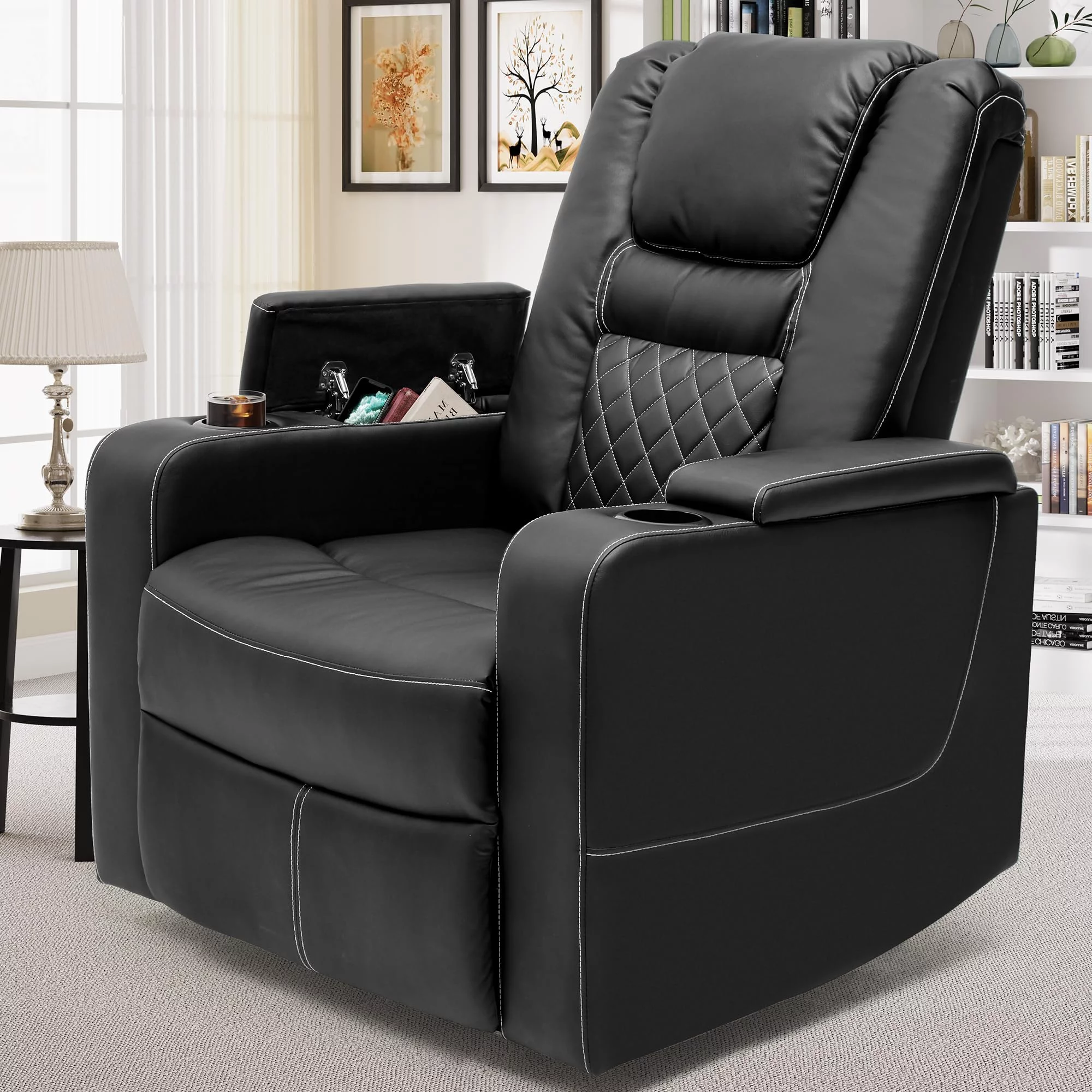 Dextrus Swivel Recliner with Flip Armrests, Manual Pull Loop, and Cup Holders, Soft Leather Recliner Glider for Home Theater - Black