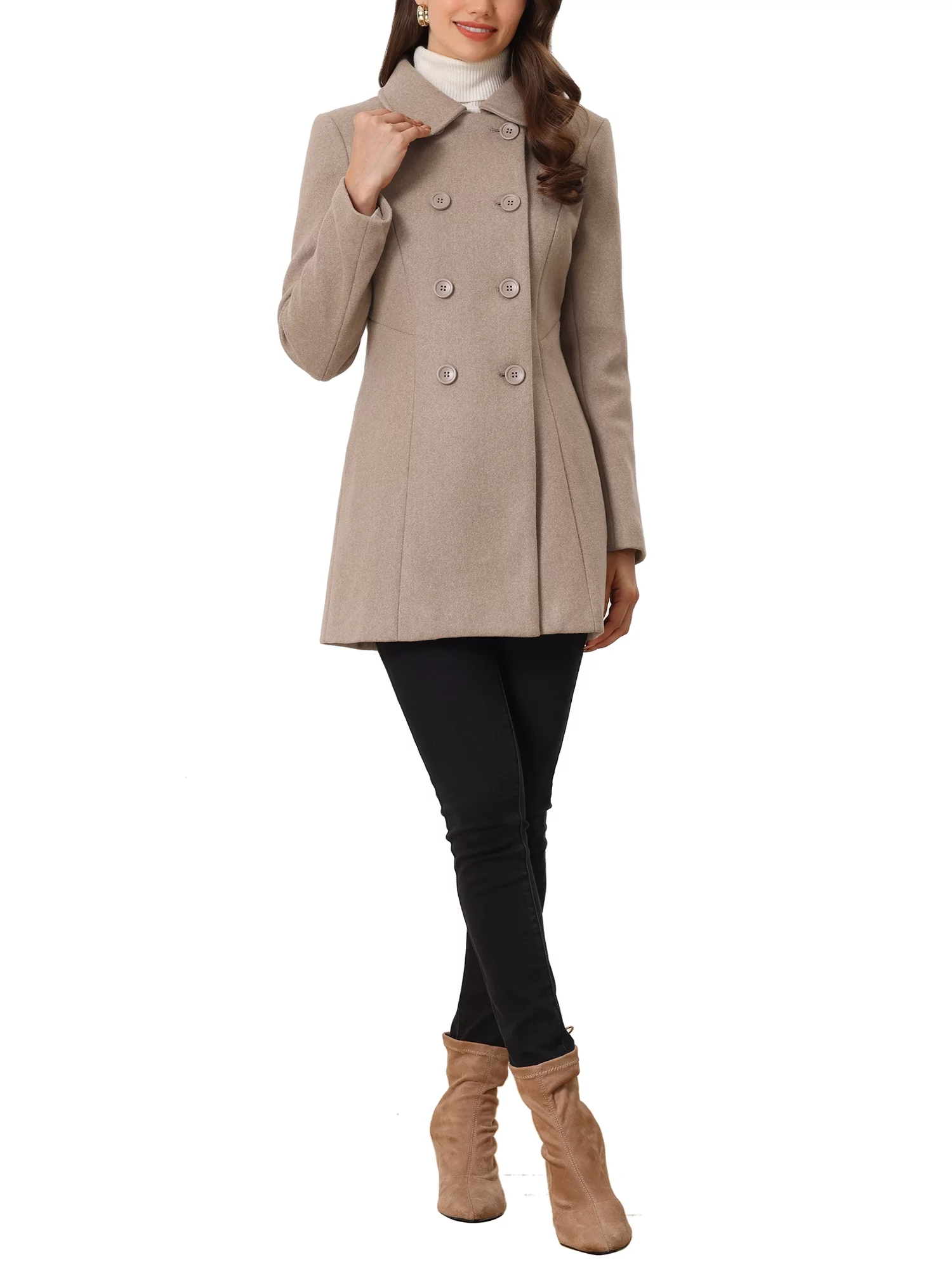 Unique Bargains Women's Peter Pan Collar Double Breasted Winter Trench Coat M Dark Beige