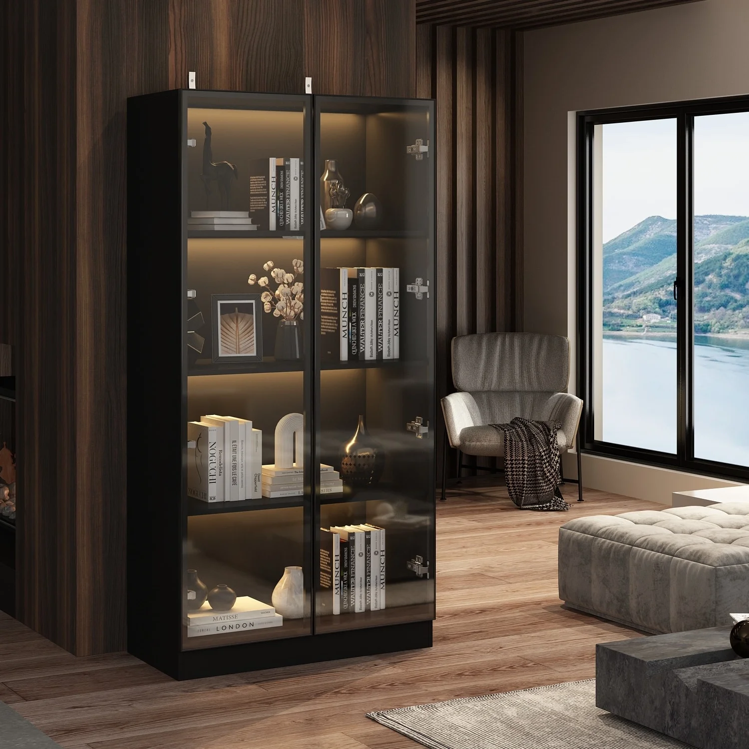 Storage Cabinet Glass l Wood Display Cabinet with 4 Shelves and Light 31.5