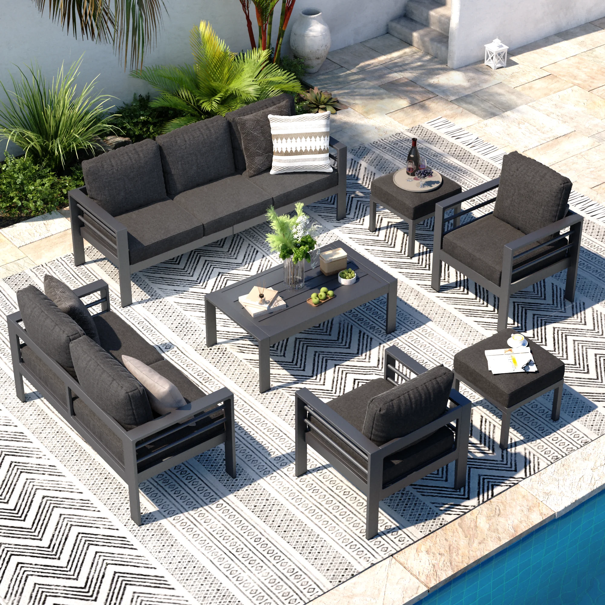 AECOJOY Aluminum Outdoor Furniture Set 7 Pieces Sectional Sofa Patio Conversation Set - Dark Gray