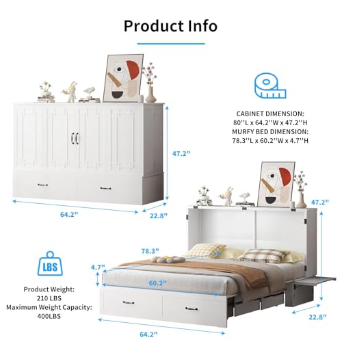 PUREMIND Murphy Bed Cabinet with Mattress Included, Queen Cabinet Beds with Storage Drawers, Murphy Chest Bed with USB Charging Station, Murphys Space-Saving Wallbed for Bedroom, Guest Room