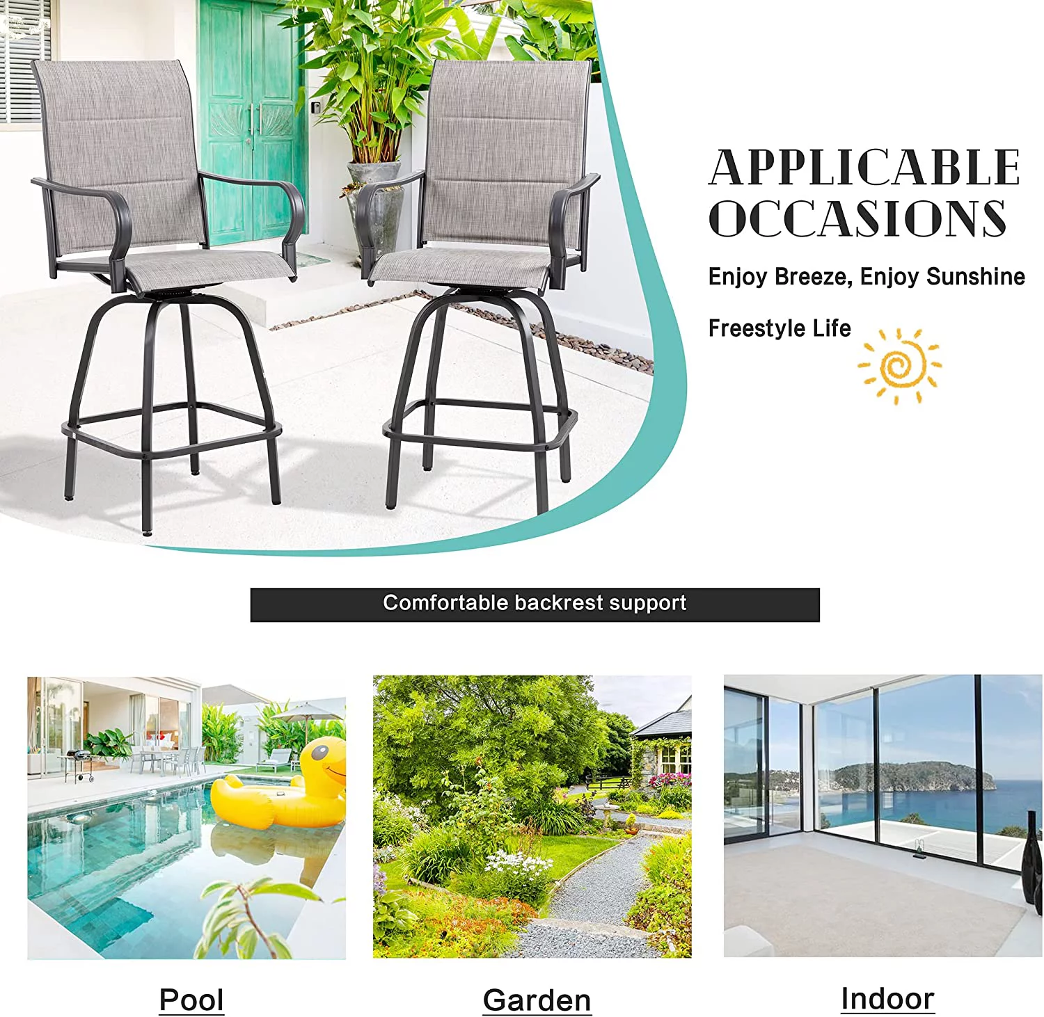 Sobaniilo 4 Pieces Outdoor Patio Swivel Bar Stools, All Weather Padded Sling Textilene High Top Bar Chairs, Bistro Set for Backyard, Lawn Garden, Balcony, Gray