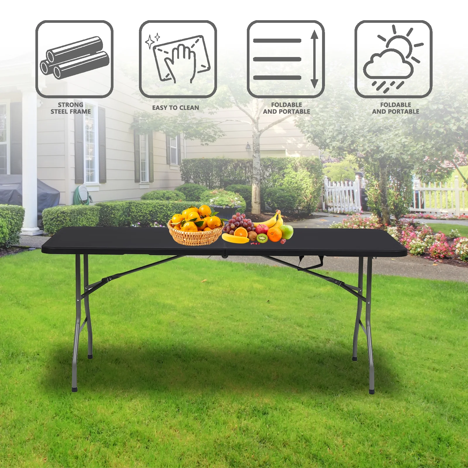 SUGIFT 6ft Folding Table, Portable Plastic Tables for Party, Picnic, Camping, Black