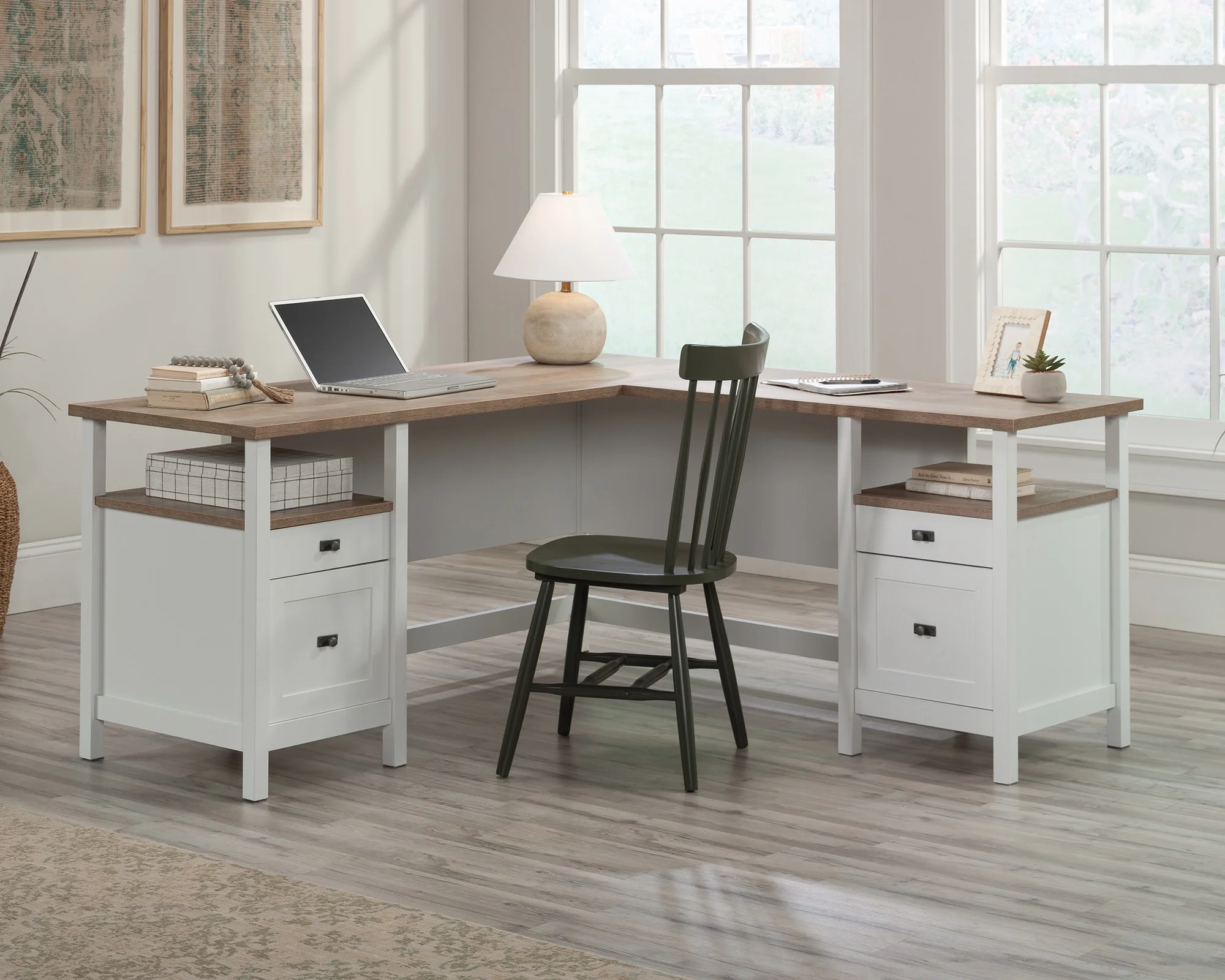 Sauder Cottage Road Engineered Wood L-Shaped Desk in White Finish