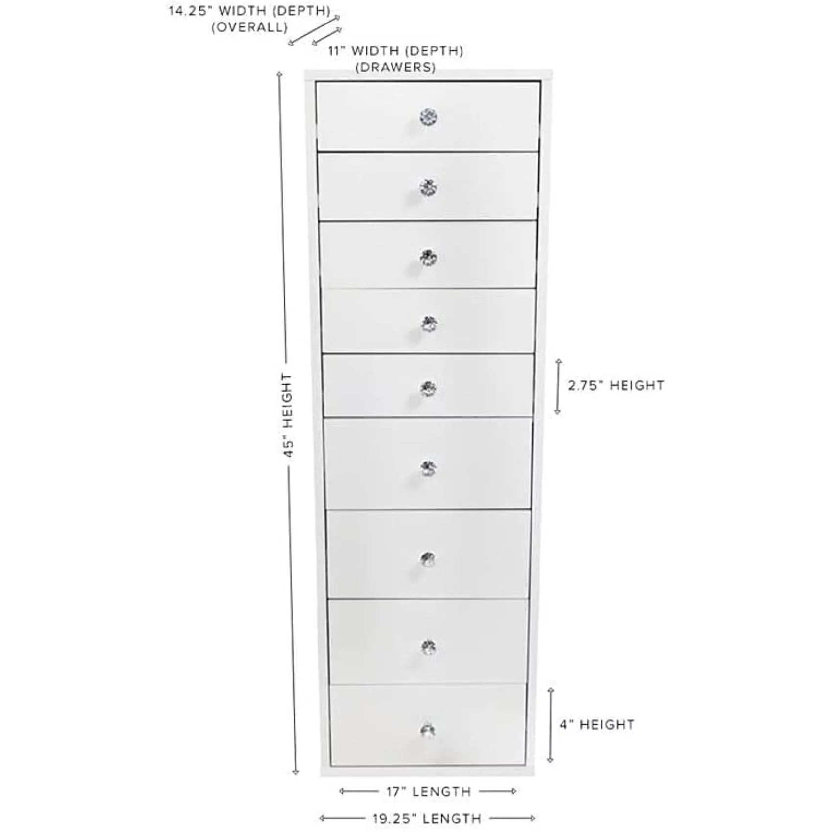 Impressions Vanity Slaystation 9 Drawer Makeup Vanity Storage Unit with Soft Close Dresser, Makeup Cabinet with Crystal Lux Drawer Knobs (Bright White)