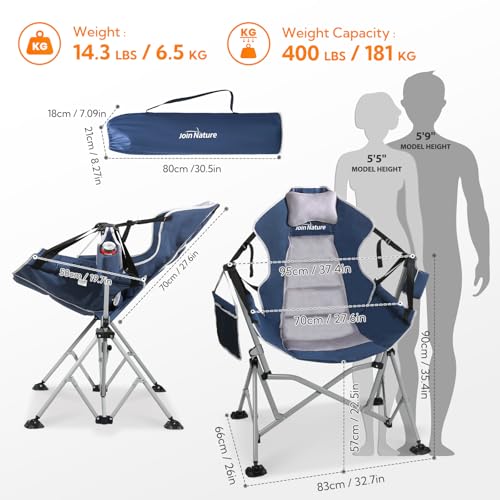 Oversized Hammock Camping Chairs, Folding Swing Chair with Easy-Fold Design, Swinging Hammock Chair with Adjustable Backrest, Lumbar Support & Headrest for Outdoor&Indoor, Support 400LBS, Blue