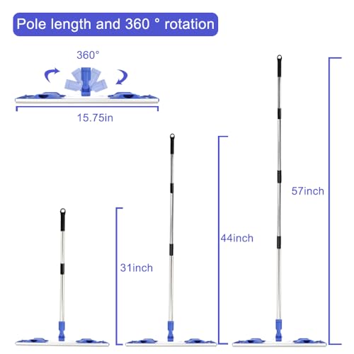 Professional Microfiber Mop, 57.9’’ Stainless Steel 4 Segment Splicing Handle with 2 Reusable Flat Mop Pads, Dust Mop for Hardwood, Laminate and Tile Floors