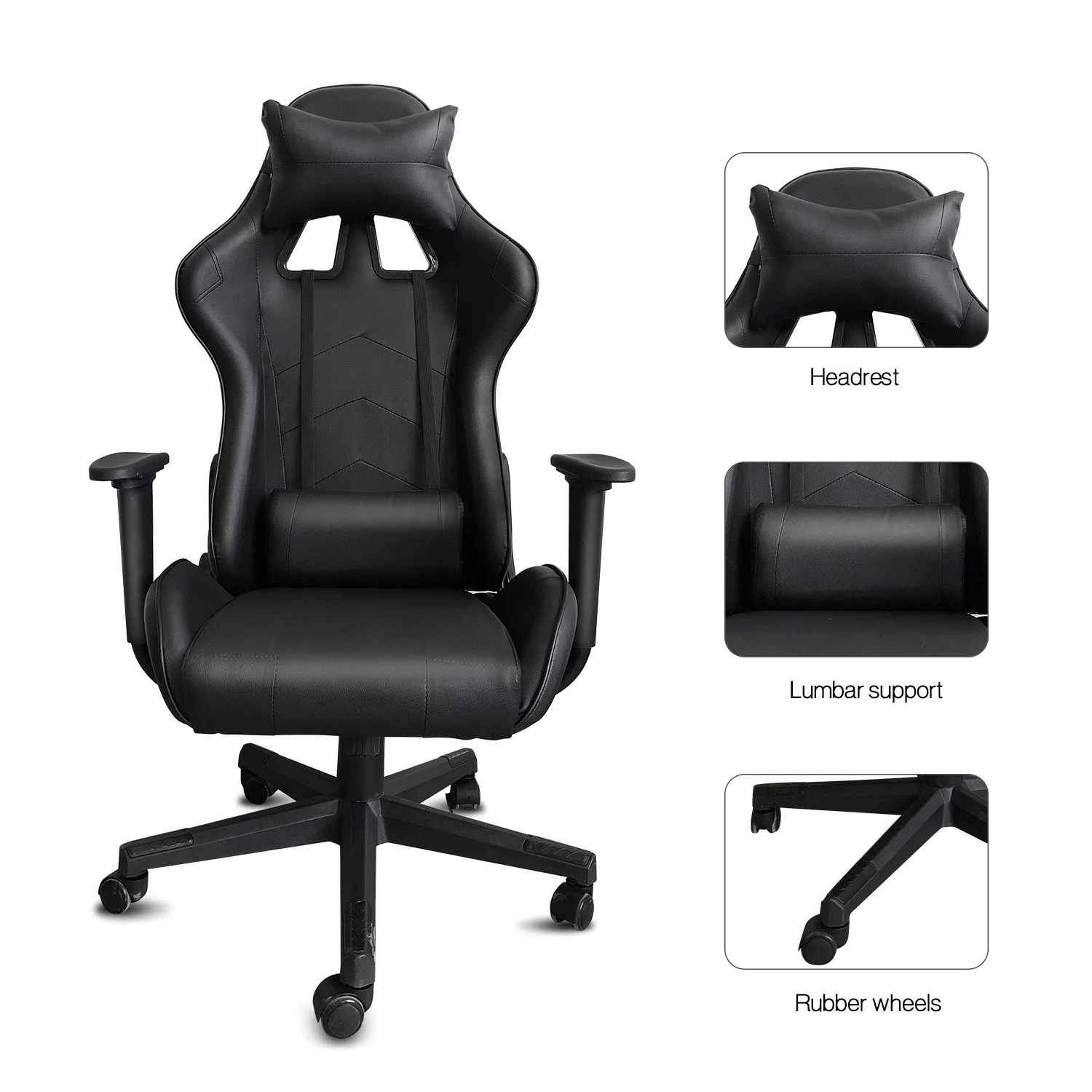 Gaming Chair Office Desk Chair Ergonomic Reclining Computer Chair Height Adjustable Swivel Recliner with Headrest Lumbar Support, Black