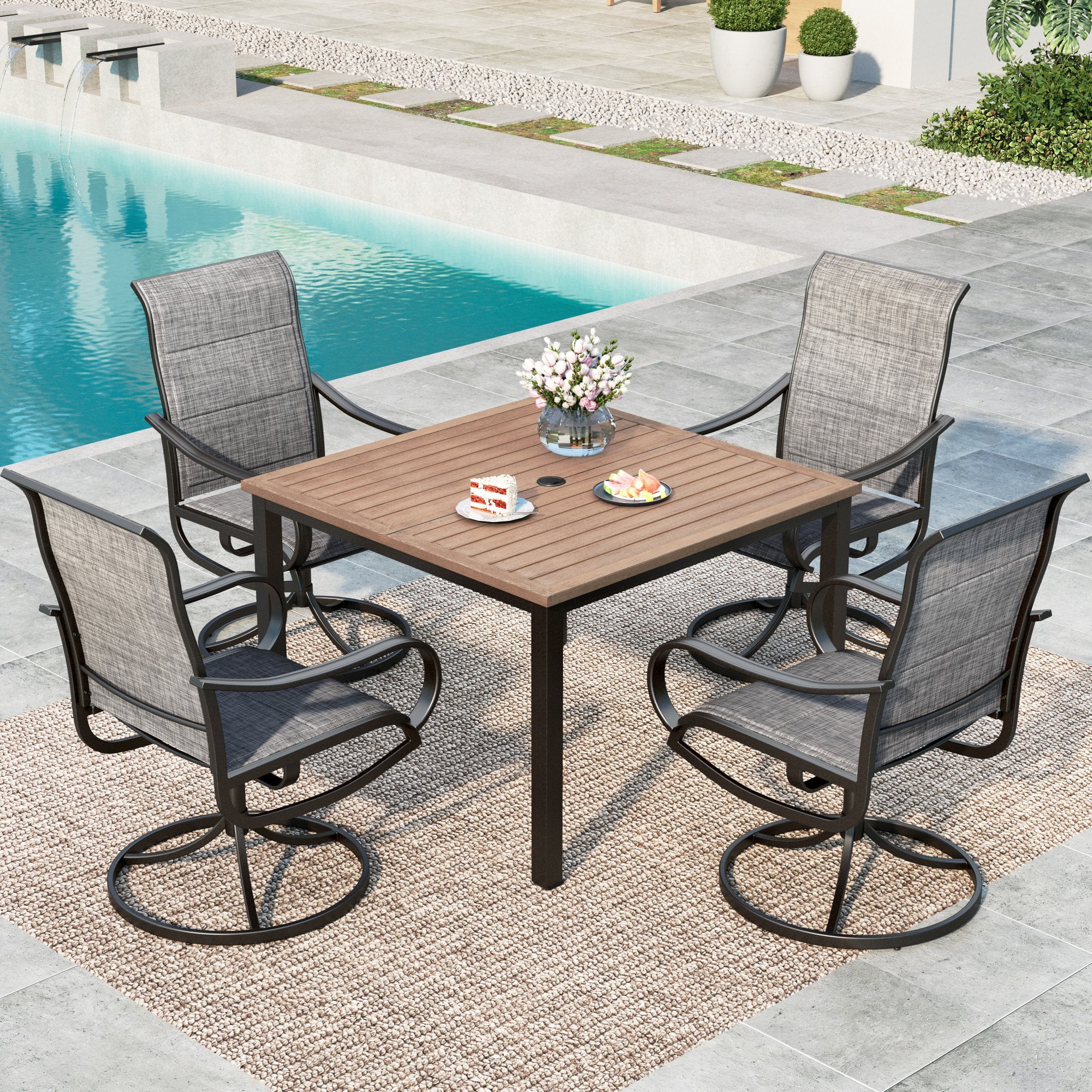 MF Studio 5-Piece Outdoor Patio Dining Set with High-Back Swivel Sling Chairs & Wood-Like Table for 4-Person, Black & Gray