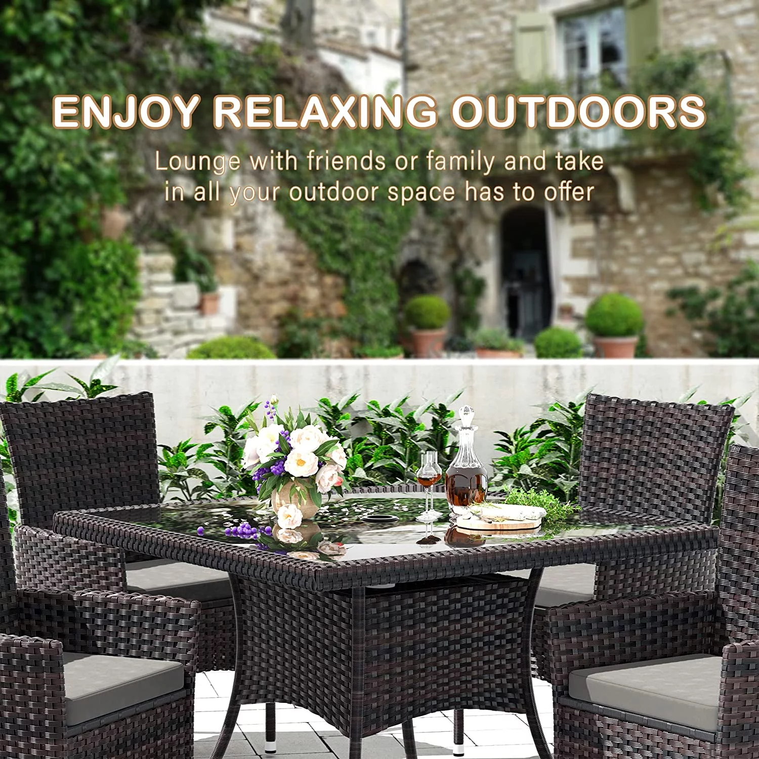 ALAULM 5 Pieces Patio Dining Set Outdoor Rattan Furniture with Square Glass Tabletop 4 Chairs with Cushions for Patio, Backyard Outdoor Kitchen Lawn & Garden Gray