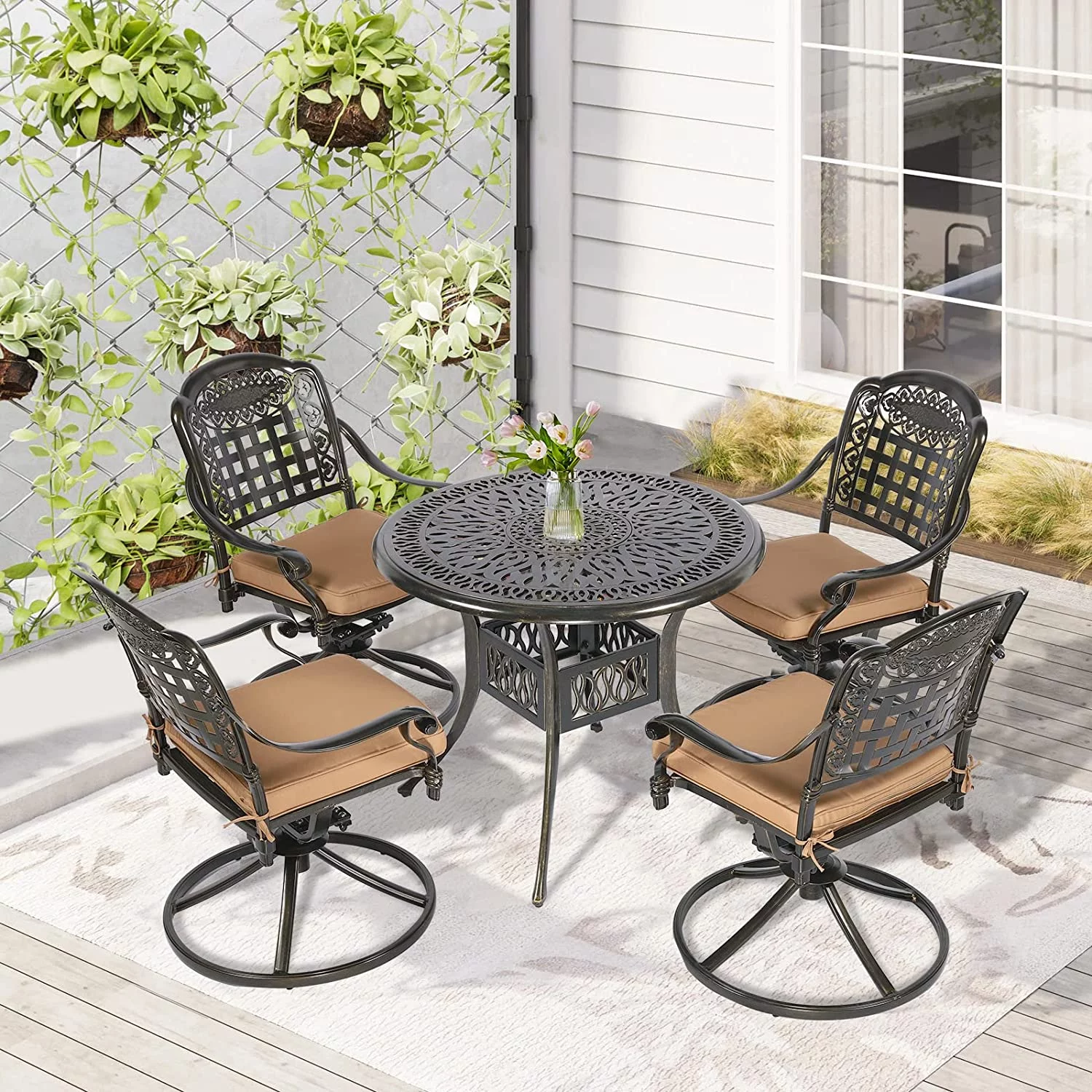 W WARMHOL 5 Piece Patio Dining Set, Outdoor Table and Chairs Set for 4 Cushioned Swivel Rocking Chairs and 35.2