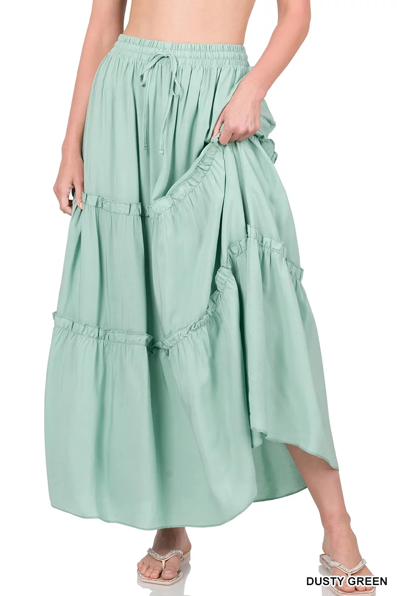 Zenana Women & Plus Boho Elastic Drawstring Waist Tiered Ruffle A-Line Woven Maxi Skirt