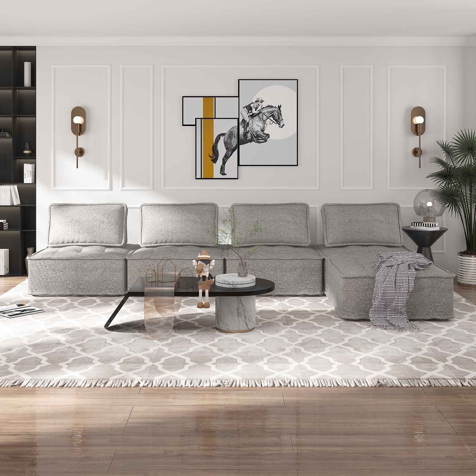 CECER L Shaped Modular Sectional Sofa with Ottoman 5PCS Free Combination Armless Floor Sofa with Removable Cushion, Light Grey