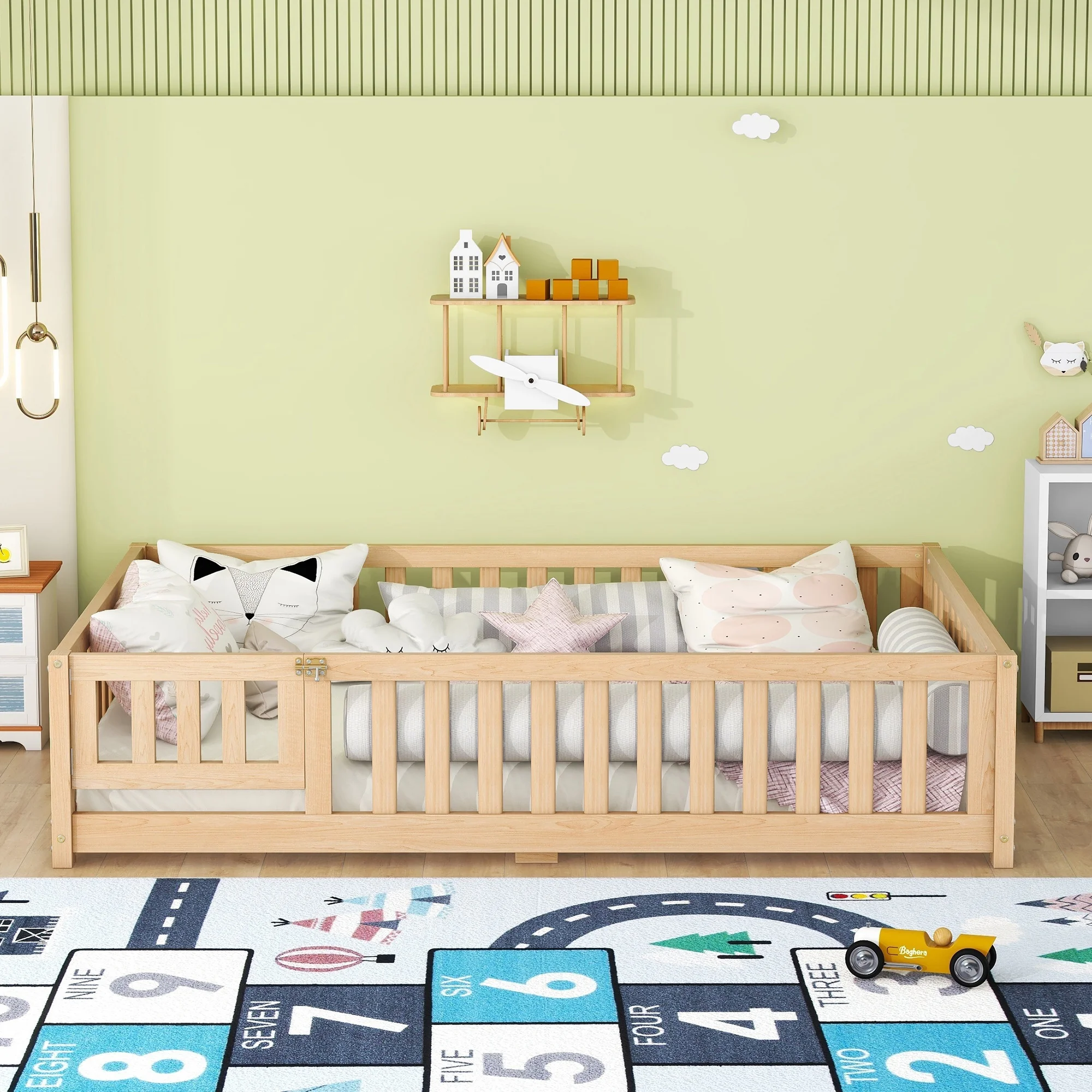Momspeace Twin Size Floor Bed with Safety Guardrails and Door Montessori Wood Bed Frame for Kids, Natural