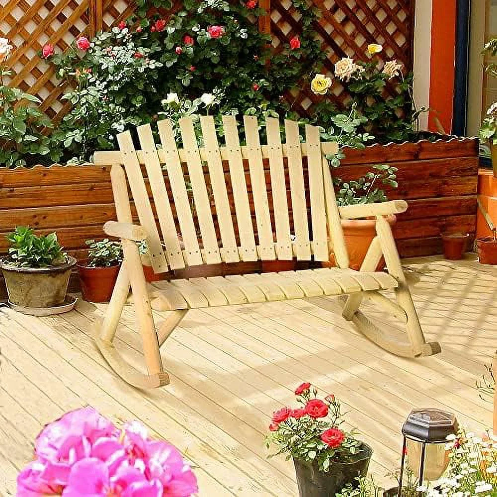 Double Wooden Porch Rocking Bench, Adirondack Porch Rocker Chair, Heavy Duty Loveseat For 2 Persons With High Slatted Seat & Backrest, Smooth Armrests, Natural