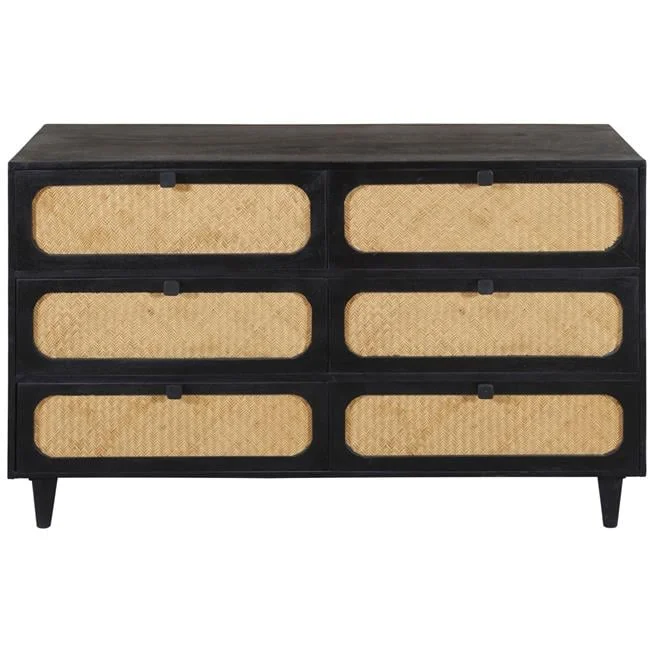 Navice 6 Woven Drawer Dresser with Solid Wood in Black Finish