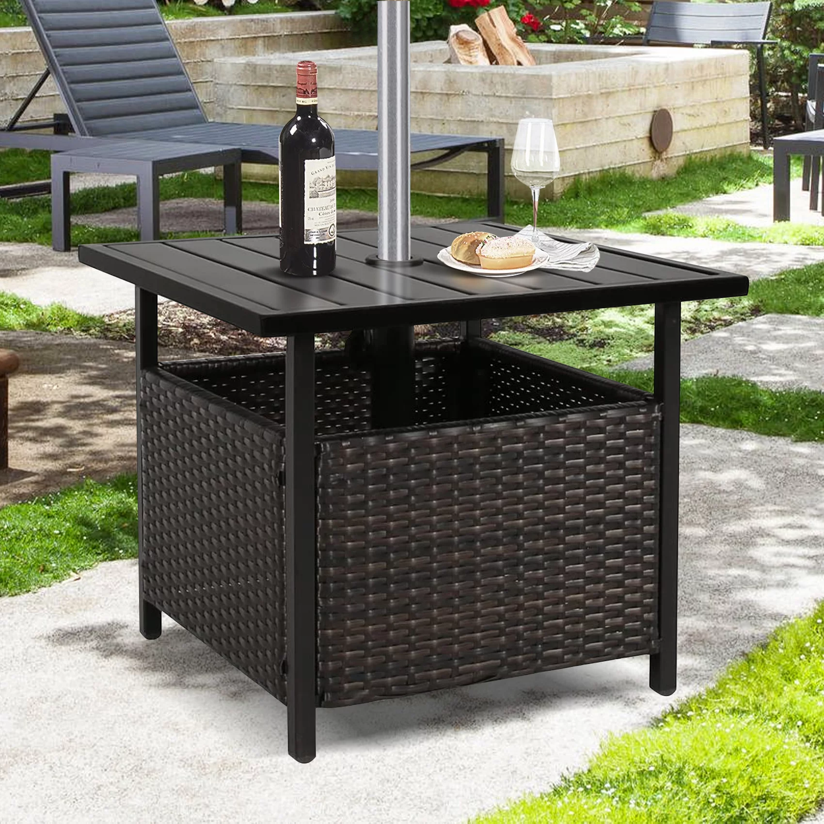 Ulax Furniture Patio PE Wicker Umbrella Side Table Stand, Outdoor Bistro Table With Umbrella Hole