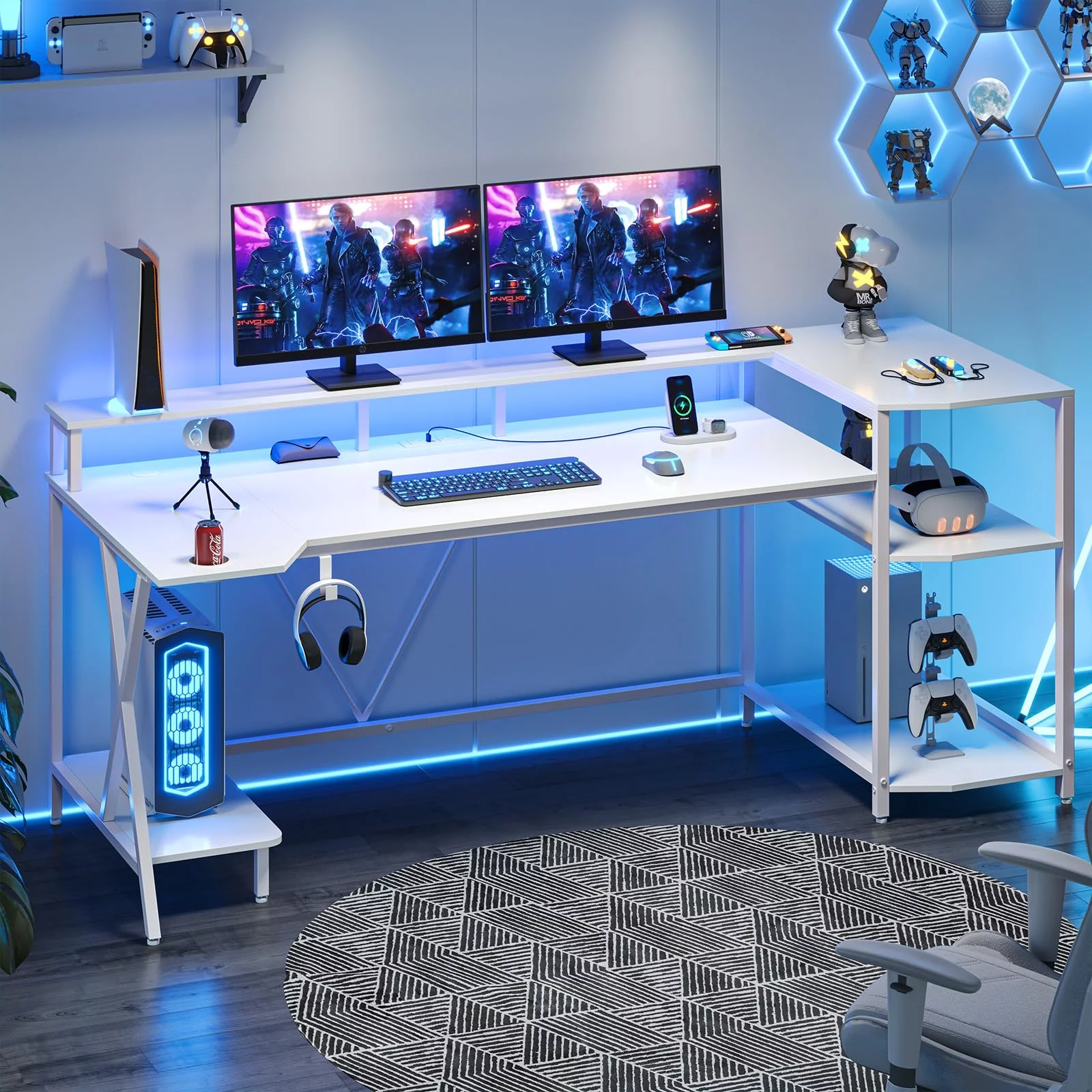 SEDETA Gaming Desk 70.8'' with LED Lights and Storage Shelves, Computer Desk with Monitor Stand, Power Outlets and Cup Holder, Large PC Gamer Desk, White