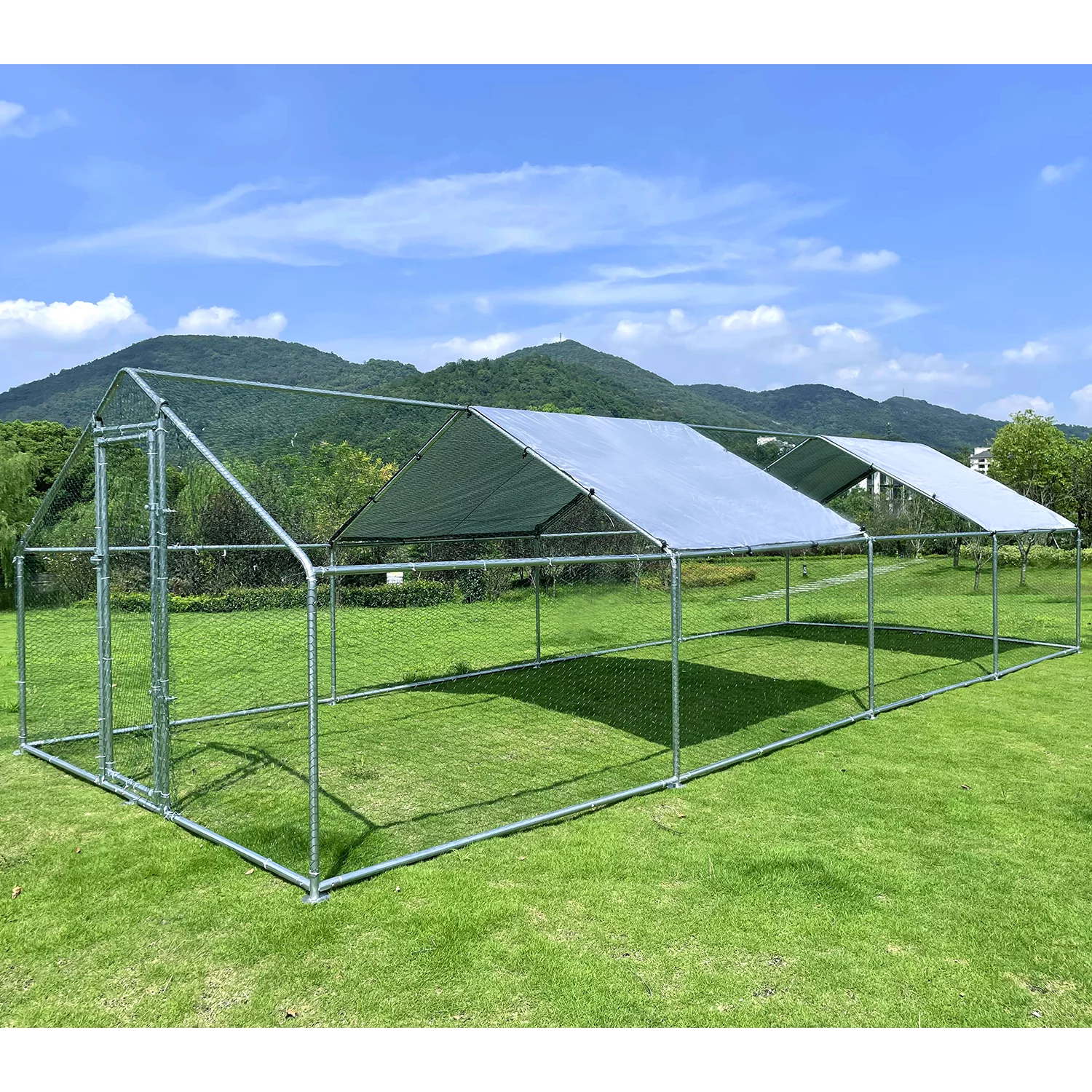 Large Chicken Run Coop 10x26ft Metal Hen House Geeloon Walk-in Poultry Cage W/ Cover