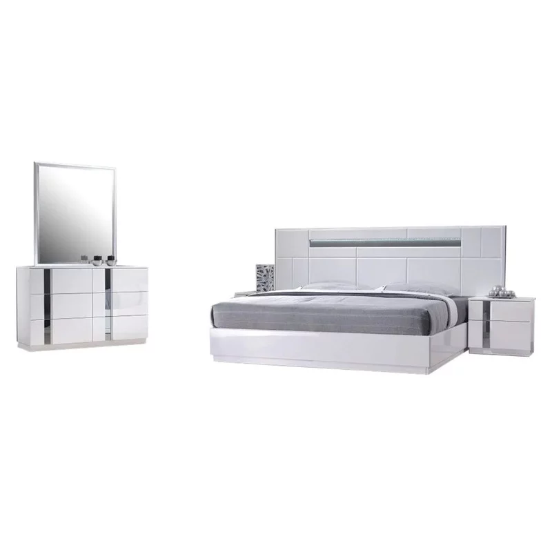 Palermo Modern Bedroom Set, White Lacquer, 5-Piece Set, King Size