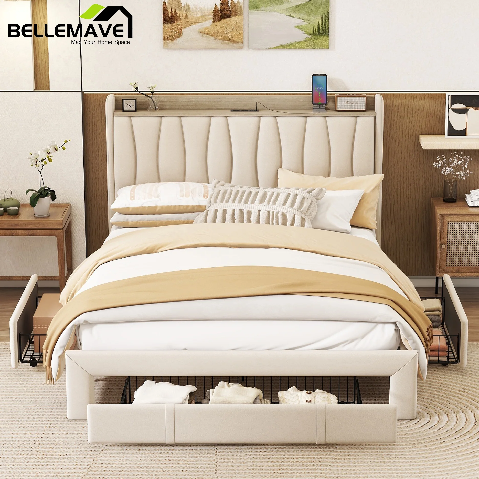 Bellemave Queen Size Bed Frame with 3 Drawers, Upholstered Platform Bed with Storage Headboard and Charging Station, No Box Spring（Beige）