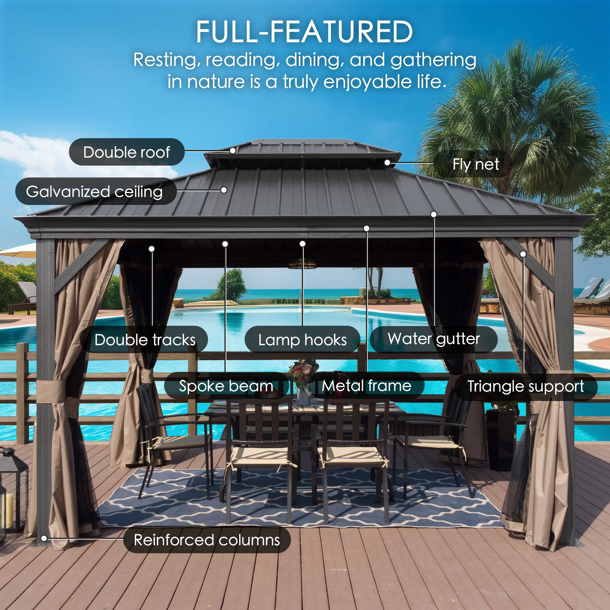 Kozyard Alexander Hardtop Aluminum Permanent Gazebo with a Mosquito Net and Privacy Sidewalls (Alexander 12'x14' (Gray))