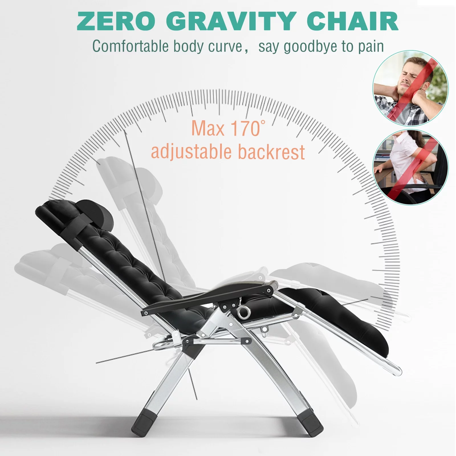 Ficisog Zero Gravity Chair with Side Table, Outdoor Padded Lounge Chair Supports up to 440lbs,Black