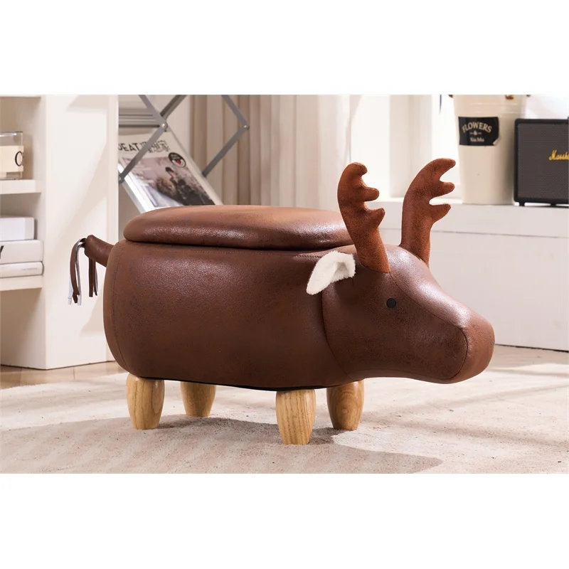 Home 2 Office Kids Elk Deer Fabric Storage Ottoman/Stool in Brown and Natural