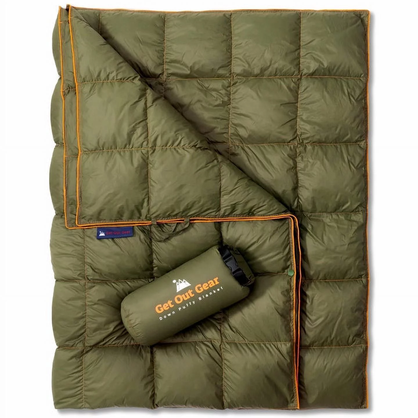 Get Out Gear Down Camping Blanket - Puffy, Packable, Lightweight and Warm | Ideal for Outdoors, Travel, Stadium, Festivals, Beach, Hammock | 650 Fill Power Water-Resistant Backpacking Quilt (Olive)