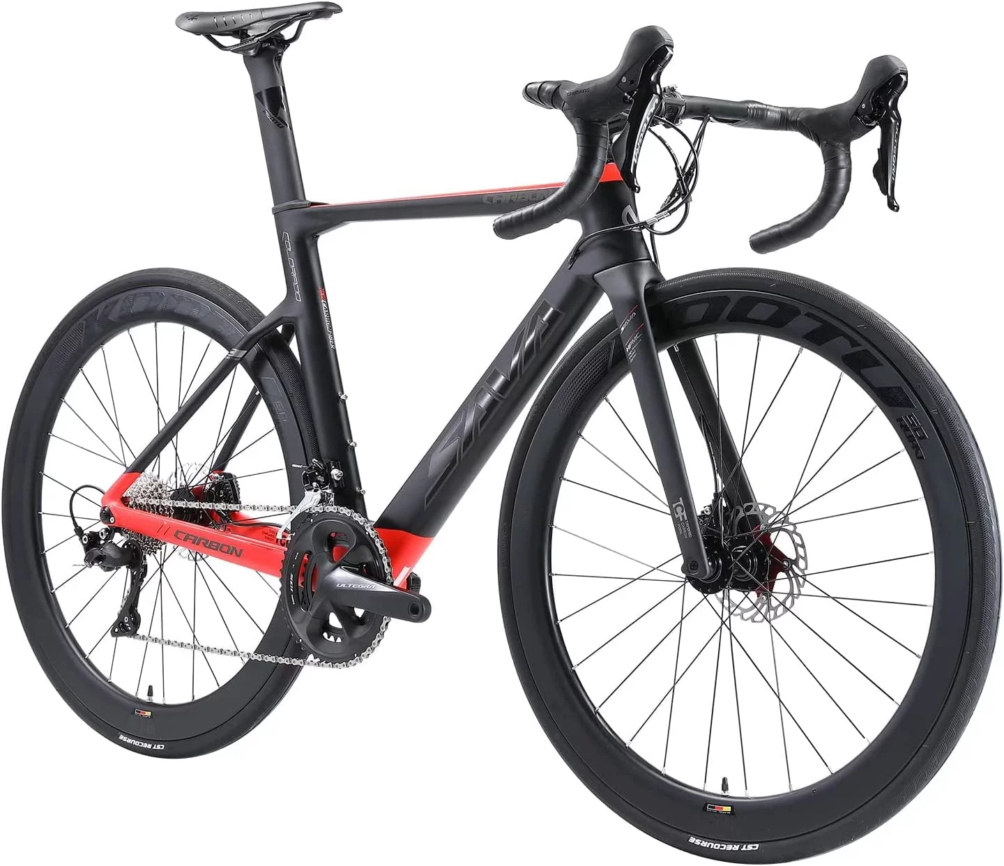 SAVADECK Carbon Fiber Road Bike, Complete Carbon Racing Road Bike 22 Speed with Shimano ULTEGRA R8000 Group Set and R8020 Hydraulic Disc Brake and Thru Axle System（47cm black red)