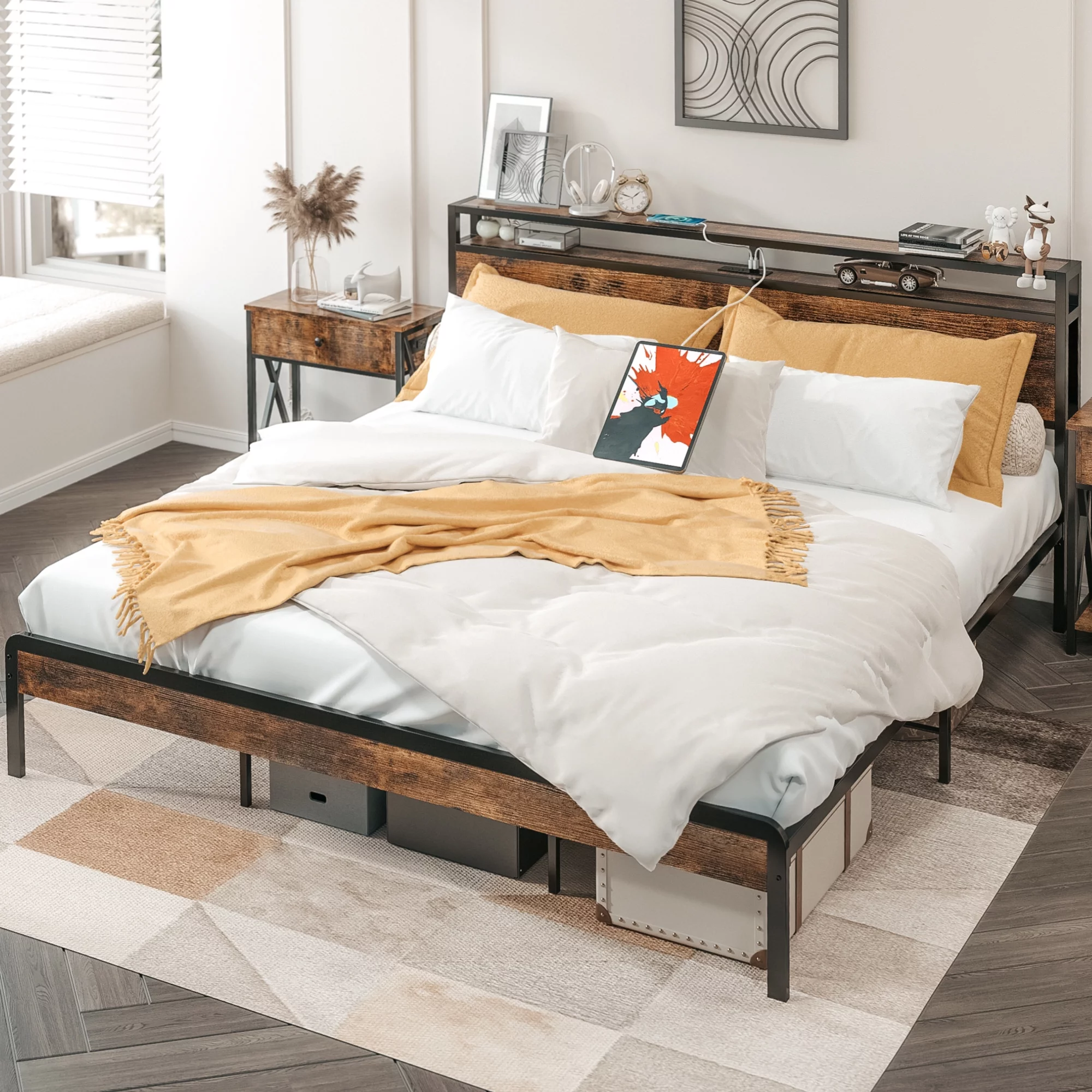 IRONCK King Bed Frame with Storage Headboard and Charging Station for Adults , Vintage Brown