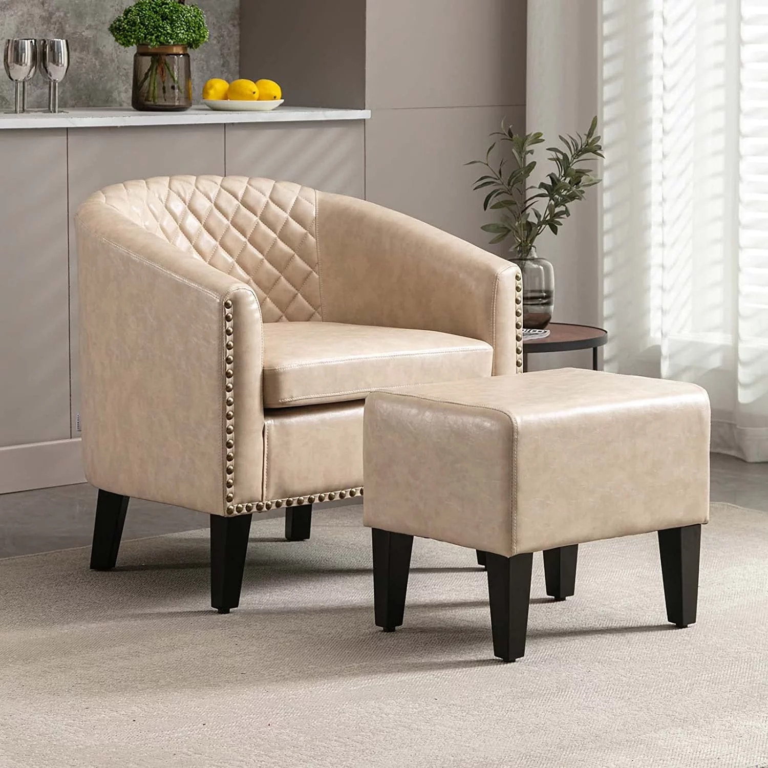 UPYOOE Leather Club Chair with Ottoman,Boucle Chair with Arms,Wood Legs,Accent Barrel Chairs for Lving Room,Dinning Room,Club,Bar,Office (Beige)