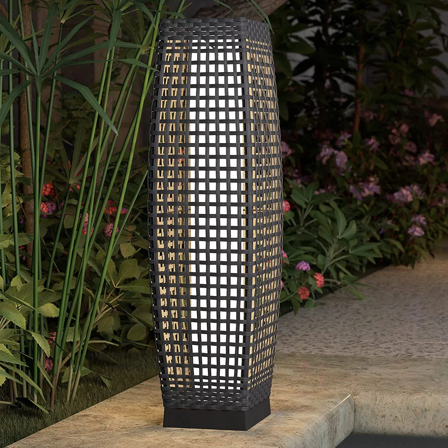Grand Patio Outdoor Solar Powered Resin Wicker Floor Lamp, Outdoor Weather-Resistant Deck LED Light, For Garden or Porch -Large Fuji, Silver Gray