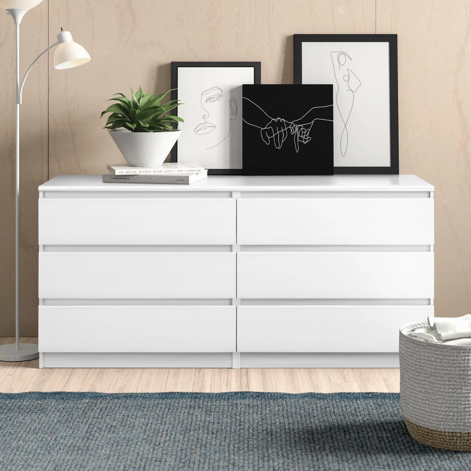 Pouseayar Chest of Drawers Dresser No Handles, 6 Drawer Chest with Wide Storage, Modern Contemporary 6-Drawer Cabinet for Bedroom Living Room Hallway, White